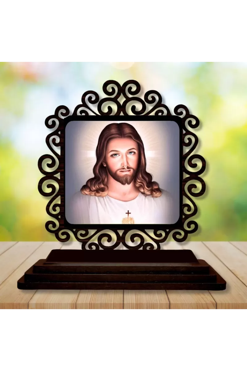 Car Desk/Table Top Lord Jesus Wooden Photo Stand  3x4 Inches, Compact & Stylish Spiritual Display For Car, Home & Office (Pack Of 1) (F19773)