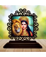 Car Desk/Table Top Goddess Durga Wooden Photo Stand  3x4 Inches, Compact & Stylish Spiritual Display For Car, Home & Office (Pack Of 1) (F19774)