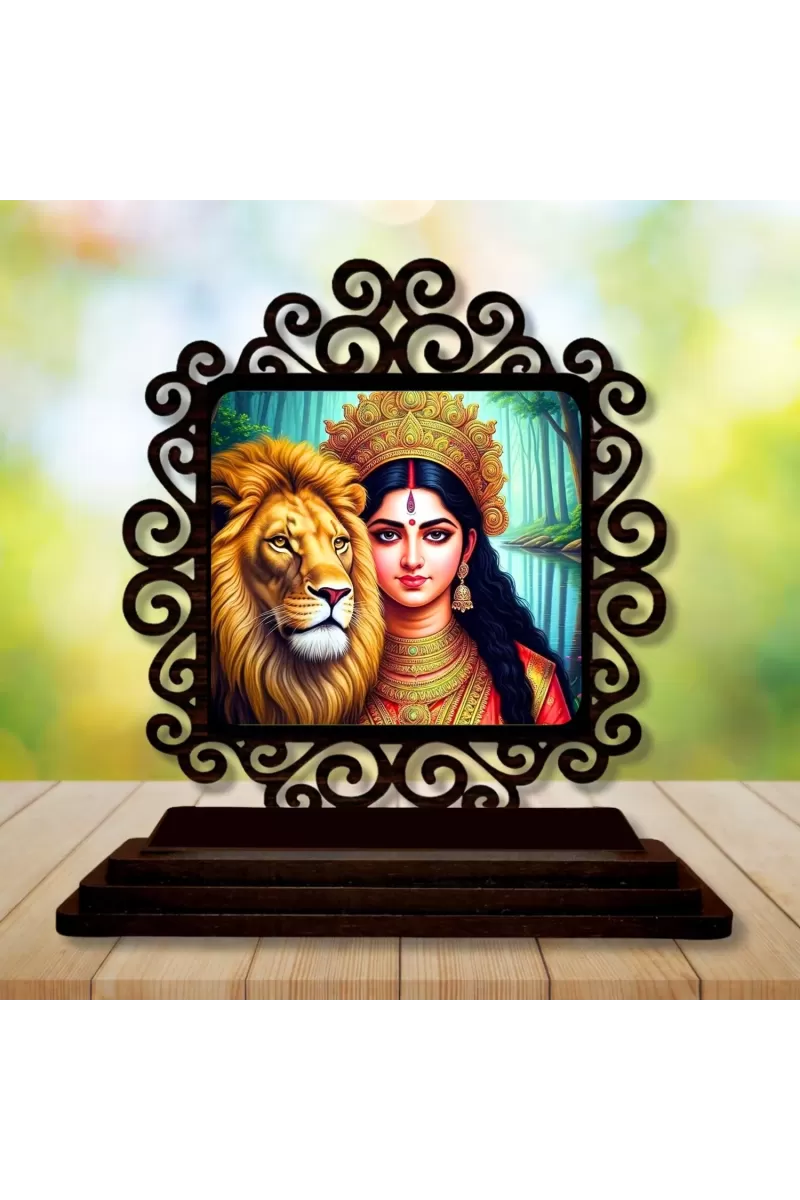 Car Desk/Table Top Goddess Durga Wooden Photo Stand  3x4 Inches, Compact & Stylish Spiritual Display For Car, Home & Office (Pack Of 1) (F19774)