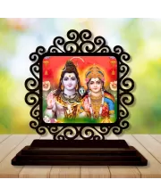 Car Desk/Table Top Lord Shiva And Parvathi Wooden Photo Stand  3x4 Inches, Compact & Stylish Spiritual Display For Car, Home & Office (Pack Of 1) (F19775)
