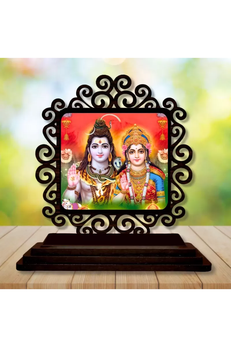 Car Desk/Table Top Lord Shiva And Parvathi Wooden Photo Stand  3x4 Inches, Compact & Stylish Spiritual Display For Car, Home & Office (Pack Of 1) (F19775)