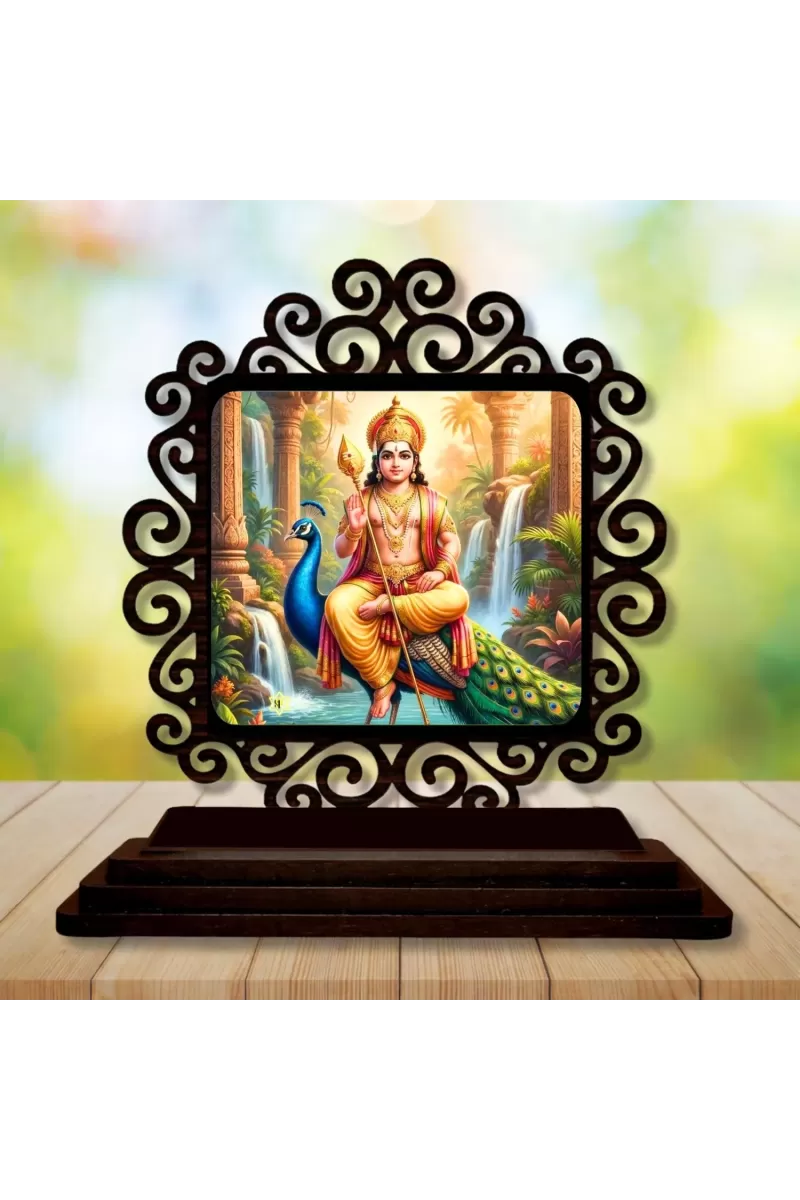 Car Desk/Table Top Lord Karthikeya Wooden Photo Stand  3x4 Inches, Compact & Stylish Spiritual Display For Car, Home & Office (Pack Of 1) (F19777)