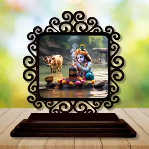 Car Desk/Table Top Lord Krishna Wooden Photo Stand  3x4 Inches, Compact & Stylish Spiritual Display For Car, Home & Office (Pack Of 1) (F19782)