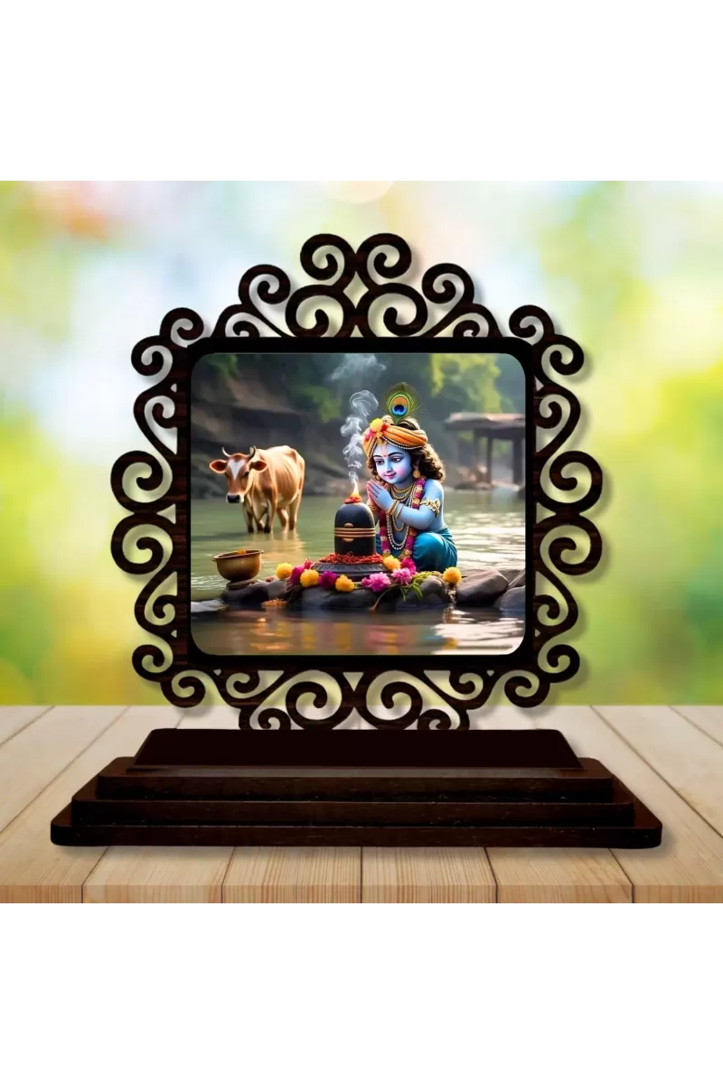 Car Desk/Table Top Lord Krishna Wooden Photo Stand  3x4 Inches, Compact & Stylish Spiritual Display For Car, Home & Office (Pack Of 1) (F19782)