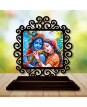 Car Desk/Table Top Radha Krishna Wooden Photo Stand  3x4 Inches, Compact & Stylish Spiritual Display For Car, Home & Office (Pack Of 1) (F19784)