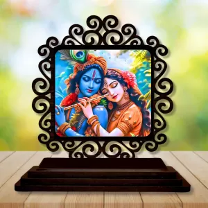 Car Desk/Table Top Radha Krishna Wooden Photo Stand  3x4 Inches, Compact & Stylish Spiritual Display For Car, Home & Office (Pack Of 1) (F19784)