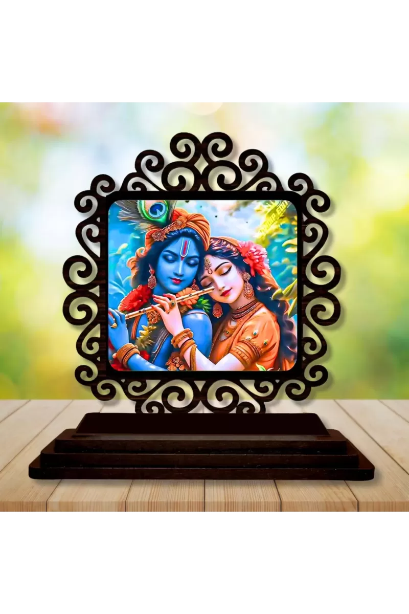 Car Desk/Table Top Radha Krishna Wooden Photo Stand  3x4 Inches, Compact & Stylish Spiritual Display For Car, Home & Office (Pack Of 1) (F19784)