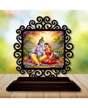 Car Desk/Table Top Radha Krishna Wooden Photo Stand  3x4 Inches, Compact & Stylish Spiritual Display For Car, Home & Office (Pack Of 1) (F19786)