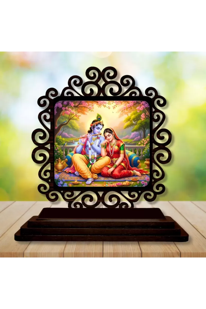 Car Desk/Table Top Radha Krishna Wooden Photo Stand  3x4 Inches, Compact & Stylish Spiritual Display For Car, Home & Office (Pack Of 1) (F19786)