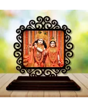 Car Desk/Table Top Radha Krishna Wooden Photo Stand  3x4 Inches, Compact & Stylish Spiritual Display For Car, Home & Office (Pack Of 1) (F19788)