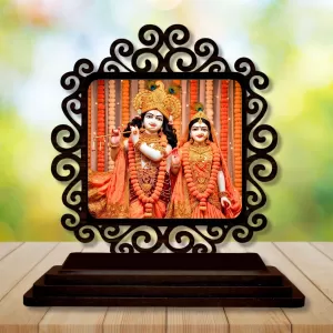 Car Desk/Table Top Radha Krishna Wooden Photo Stand  3x4 Inches, Compact & Stylish Spiritual Display For Car, Home & Office (Pack Of 1) (F19788)