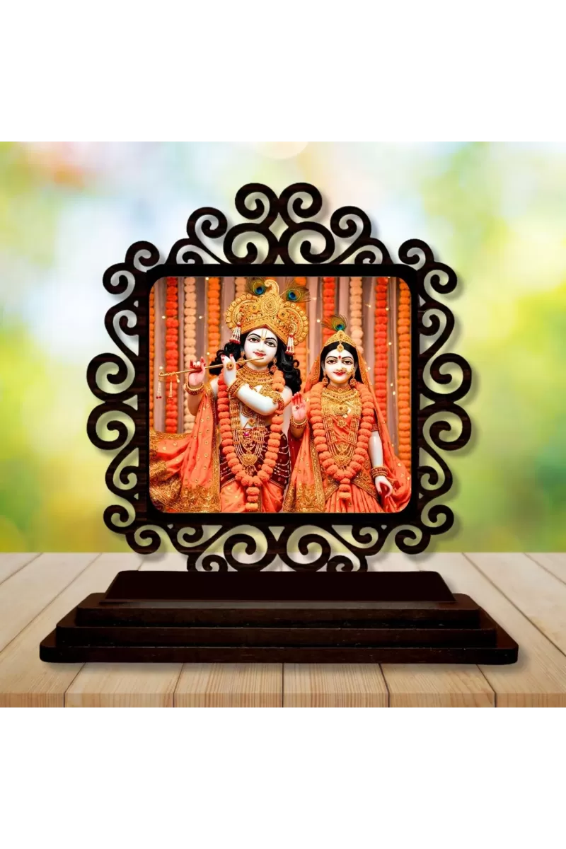 Car Desk/Table Top Radha Krishna Wooden Photo Stand  3x4 Inches, Compact & Stylish Spiritual Display For Car, Home & Office (Pack Of 1) (F19788)