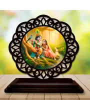 Car Desk/Table Top Radha Krishna Wooden Photo Stand  3x4 Inches, Compact & Stylish Spiritual Display For Car, Home & Office (Pack Of 1) (F19770)