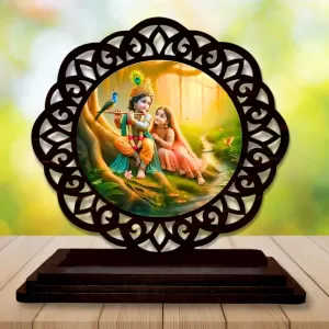 Car Desk/Table Top Radha Krishna Wooden Photo Stand  3x4 Inches, Compact & Stylish Spiritual Display For Car, Home & Office (Pack Of 1) (F19770)
