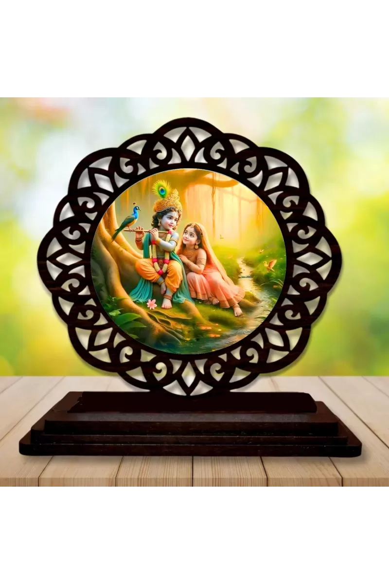 Car Desk/Table Top Radha Krishna Wooden Photo Stand  3x4 Inches, Compact & Stylish Spiritual Display For Car, Home & Office (Pack Of 1) (F19770)