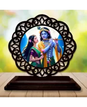 Car Desk/Table Top Radha Krishna Wooden Photo Stand  3x4 Inches, Compact & Stylish Spiritual Display For Car, Home & Office (Pack Of 1) (F19771)
