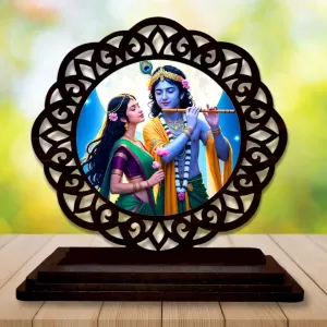 Car Desk/Table Top Radha Krishna Wooden Photo Stand  3x4 Inches, Compact & Stylish Spiritual Display For Car, Home & Office (Pack Of 1) (F19771)