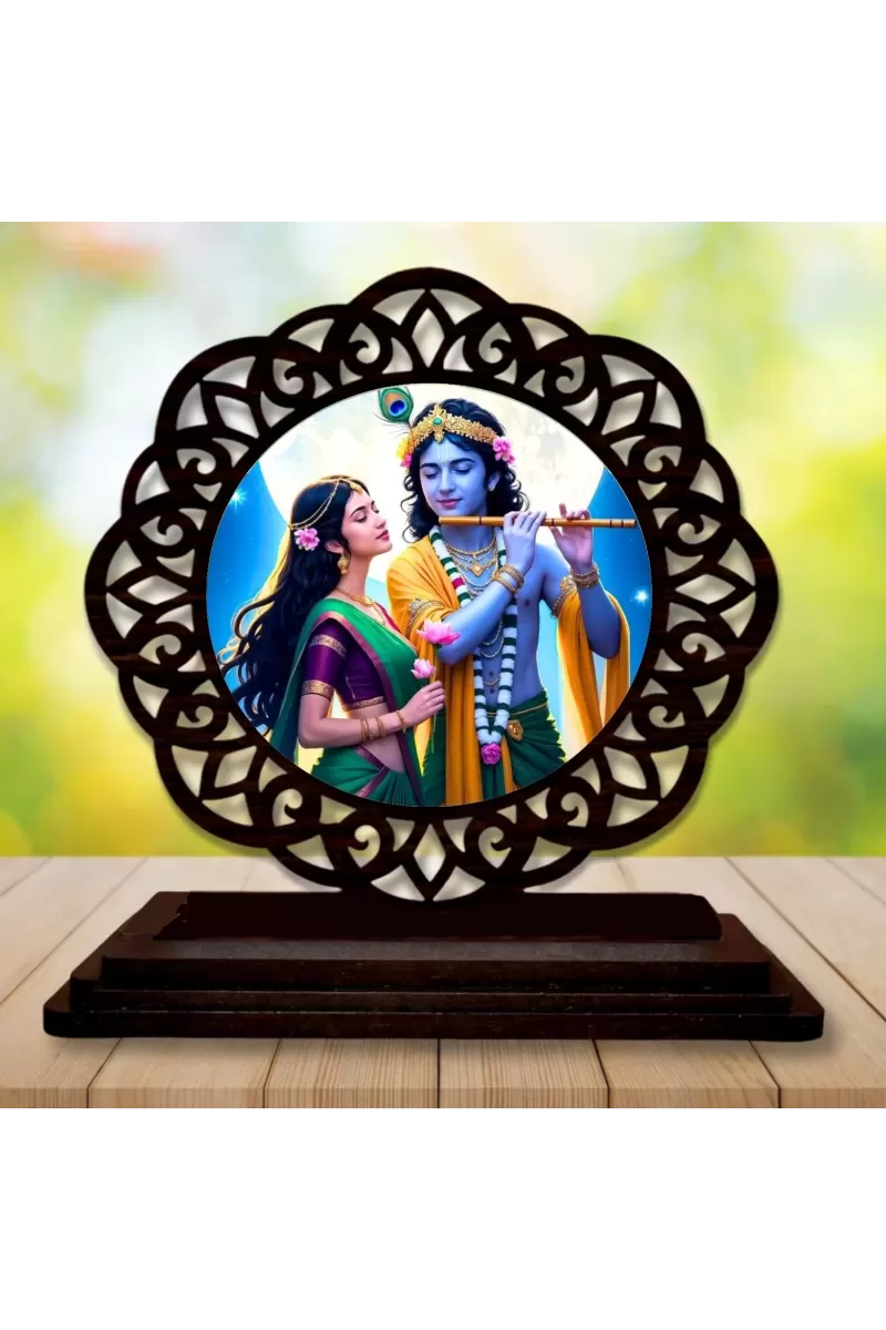 Car Desk/Table Top Radha Krishna Wooden Photo Stand  3x4 Inches, Compact & Stylish Spiritual Display For Car, Home & Office (Pack Of 1) (F19771)