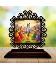 Car Desk/Table Top Lord Krishna With Gopikas Wooden Photo Stand  3x4 Inches, Compact & Stylish Spiritual Display For Car, Home & Office (Pack Of 1) (F19791)