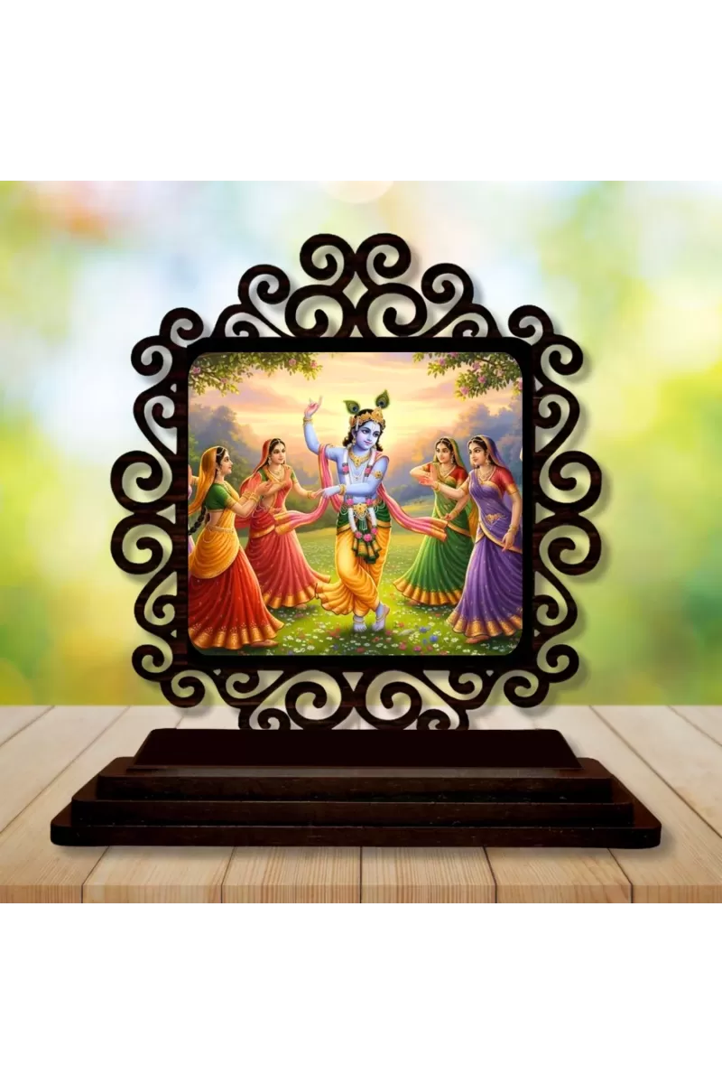 Car Desk/Table Top Lord Krishna With Gopikas Wooden Photo Stand  3x4 Inches, Compact & Stylish Spiritual Display For Car, Home & Office (Pack Of 1) (F19791)