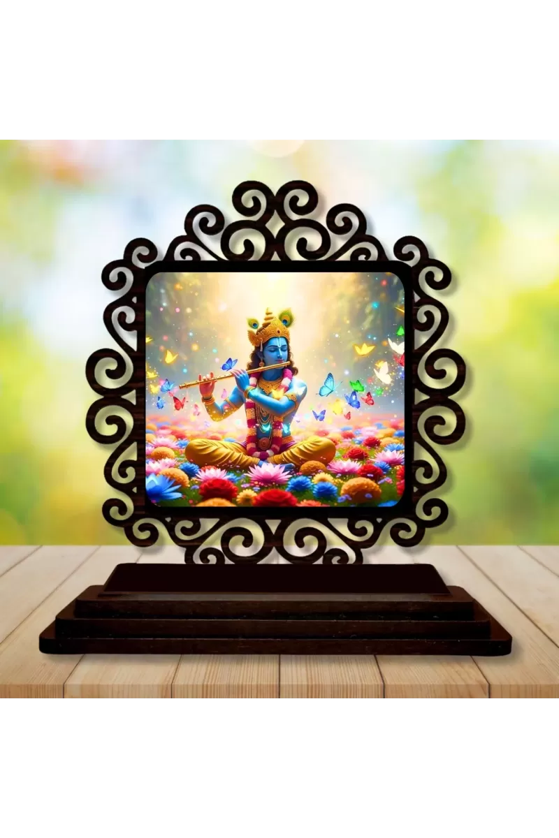 Car Desk/Table Top Lord Krishna  Wooden Photo Stand  3x4 Inches, Compact & Stylish Spiritual Display For Car, Home & Office (Pack Of 1) (F19792)