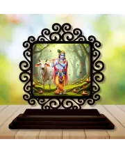 Car Desk/Table Top Lord Krishna Wooden Photo Stand  3x4 Inches, Compact & Stylish Spiritual Display For Car, Home & Office (Pack Of 1) (F19793)