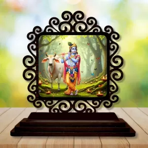 Car Desk/Table Top Lord Krishna Wooden Photo Stand  3x4 Inches, Compact & Stylish Spiritual Display For Car, Home & Office (Pack Of 1) (F19793)