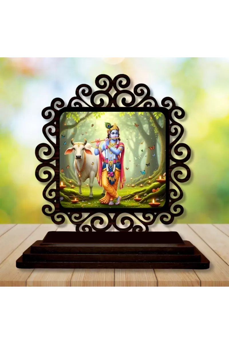 Car Desk/Table Top Lord Krishna Wooden Photo Stand  3x4 Inches, Compact & Stylish Spiritual Display For Car, Home & Office (Pack Of 1) (F19793)