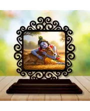Car Desk/Table Top Lord Krishna Wooden Photo Stand  3x4 Inches, Compact & Stylish Spiritual Display For Car, Home & Office (Pack Of 1) (F19794)