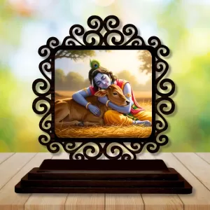 Car Desk/Table Top Lord Krishna Wooden Photo Stand  3x4 Inches, Compact & Stylish Spiritual Display For Car, Home & Office (Pack Of 1) (F19794)