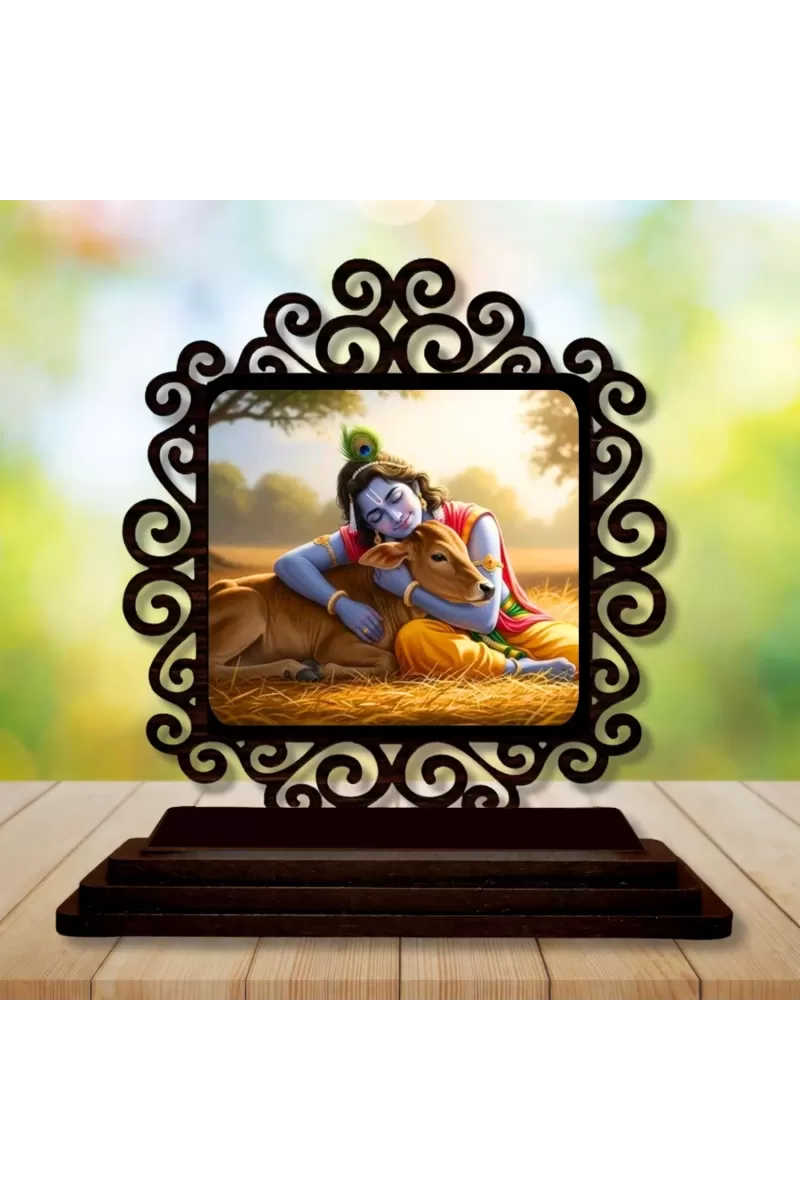 Car Desk/Table Top Lord Krishna Wooden Photo Stand  3x4 Inches, Compact & Stylish Spiritual Display For Car, Home & Office (Pack Of 1) (F19794)