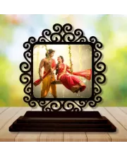 Car Desk/Table Top Radha Krishna Wooden Photo Stand  3x4 Inches, Compact & Stylish Spiritual Display For Car, Home & Office (Pack Of 1) (F19796)