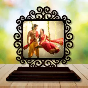 Car Desk/Table Top Radha Krishna Wooden Photo Stand  3x4 Inches, Compact & Stylish Spiritual Display For Car, Home & Office (Pack Of 1) (F19796)