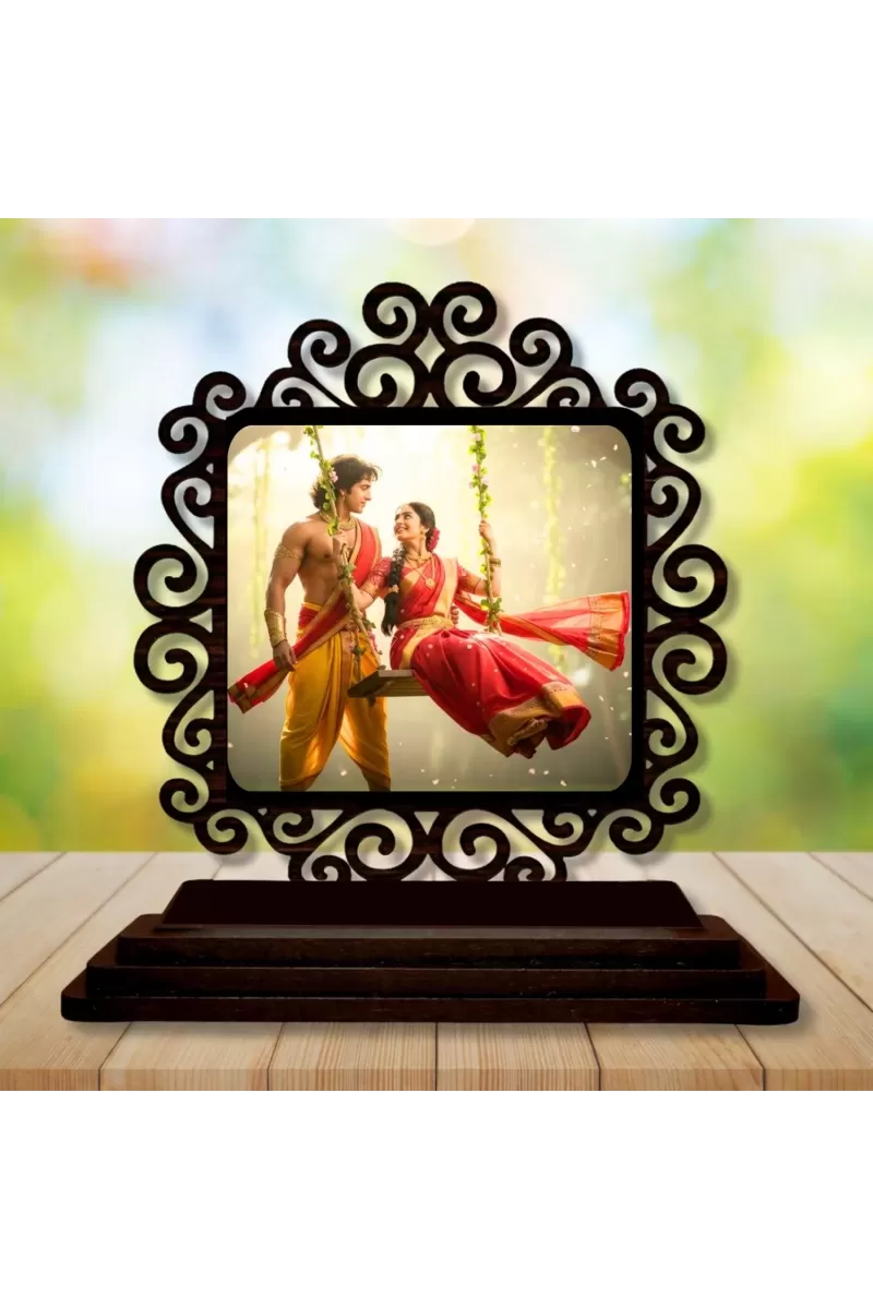 Car Desk/Table Top Radha Krishna Wooden Photo Stand  3x4 Inches, Compact & Stylish Spiritual Display For Car, Home & Office (Pack Of 1) (F19796)