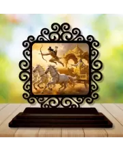 Car Desk/Table Top Krishna Arjuna Wooden Photo Stand  3x4 Inches, Compact & Stylish Spiritual Display For Car, Home & Office (Pack Of 1) (F19797)