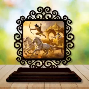 Car Desk/Table Top Krishna Arjuna Wooden Photo Stand  3x4 Inches, Compact & Stylish Spiritual Display For Car, Home & Office (Pack Of 1) (F19797)