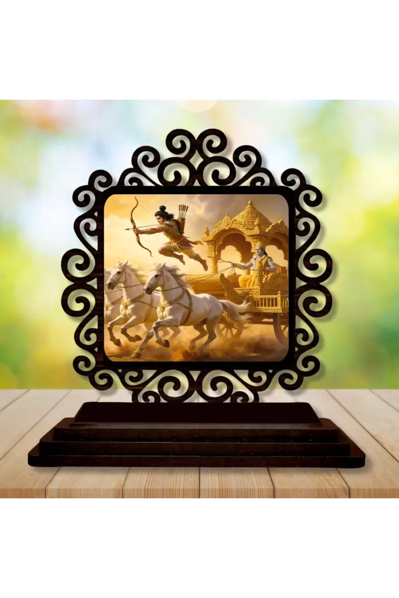 Car Desk/Table Top Krishna Arjuna Wooden Photo Stand  3x4 Inches, Compact & Stylish Spiritual Display For Car, Home & Office (Pack Of 1) (F19797)