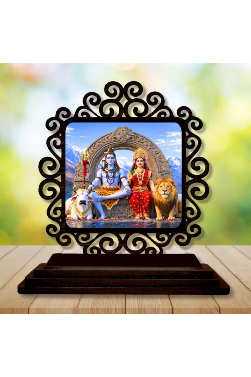 Car Desk/Table Top Lord Shiva And Parvathi Wooden Photo Stand  3x4 Inches, Compact & Stylish Spiritual Display For Car, Home & Office (Pack Of 1) (F19798)