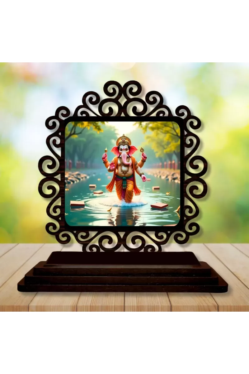 Car Desk/Table Top Lord Ganesha Wooden Photo Stand  3x4 Inches, Compact & Stylish Spiritual Display For Car, Home & Office (Pack Of 1) (F19801)