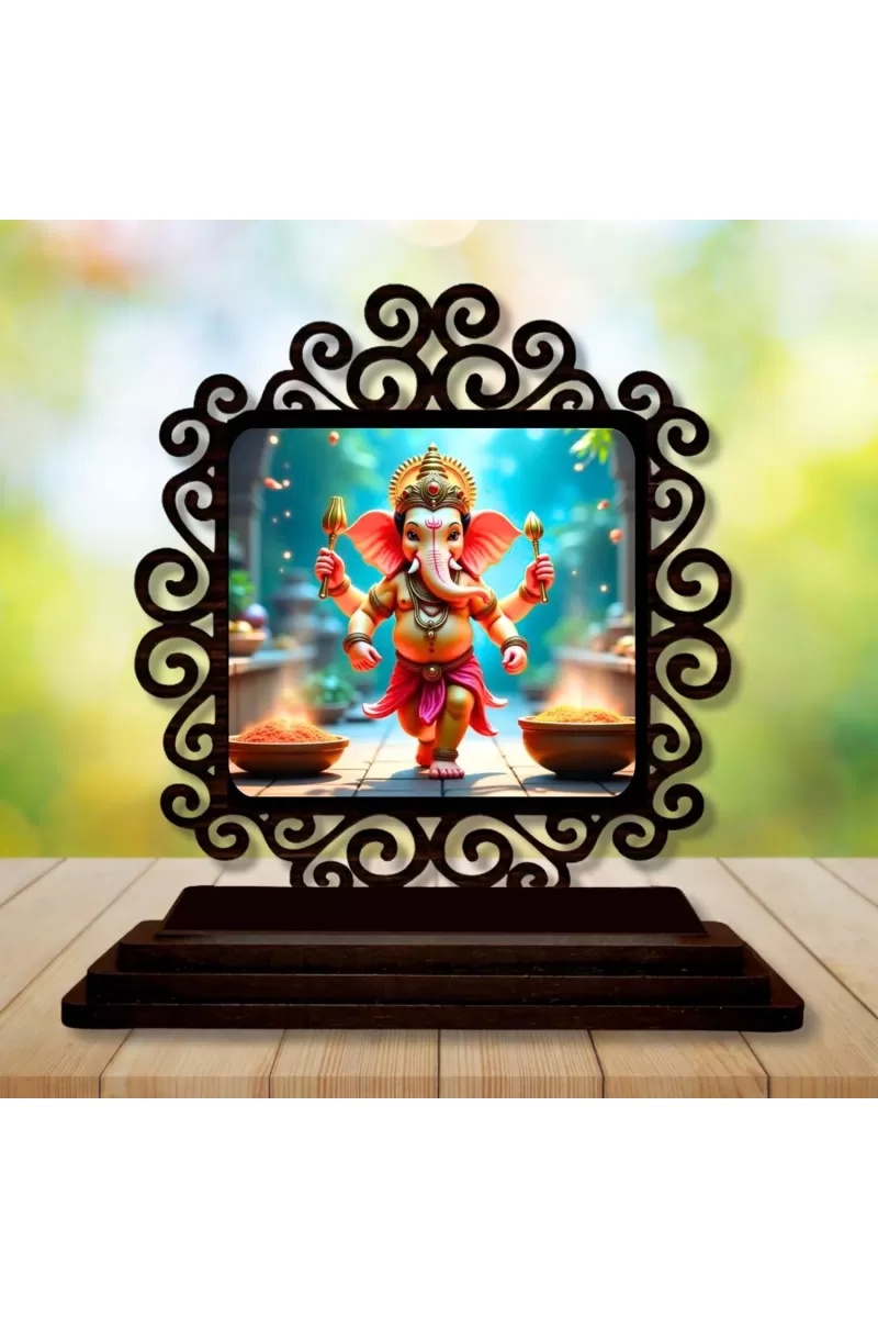 Car Desk/Table Top Lord Ganesha Wooden Photo Stand  3x4 Inches, Compact & Stylish Spiritual Display For Car, Home & Office (Pack Of 1) (F19802)