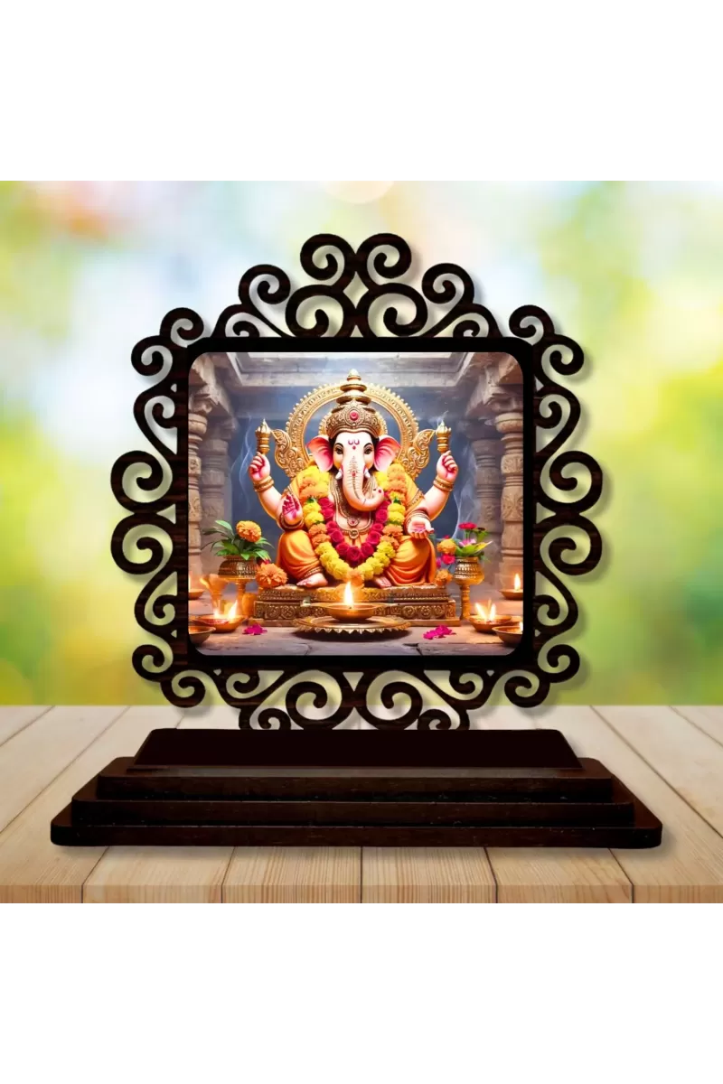 Car Desk/Table Top Lord Ganesha Wooden Photo Stand  3x4 Inches, Compact & Stylish Spiritual Display For Car, Home & Office (Pack Of 1) (F19805)