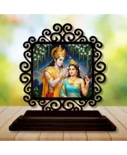 Car Desk/Table Top Radha Krishna Wooden Photo Stand  3x4 Inches, Compact & Stylish Spiritual Display For Car, Home & Office (Pack Of 1) (F19807)