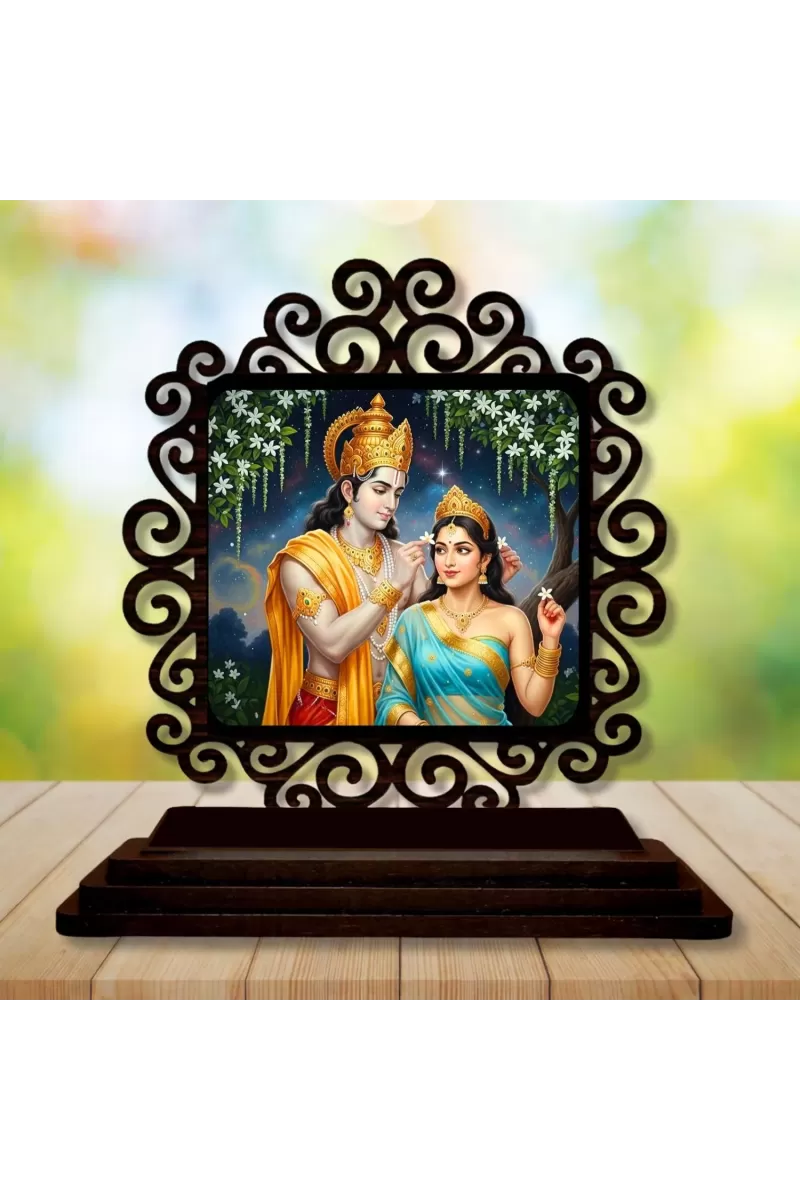 Car Desk/Table Top Radha Krishna Wooden Photo Stand  3x4 Inches, Compact & Stylish Spiritual Display For Car, Home & Office (Pack Of 1) (F19807)