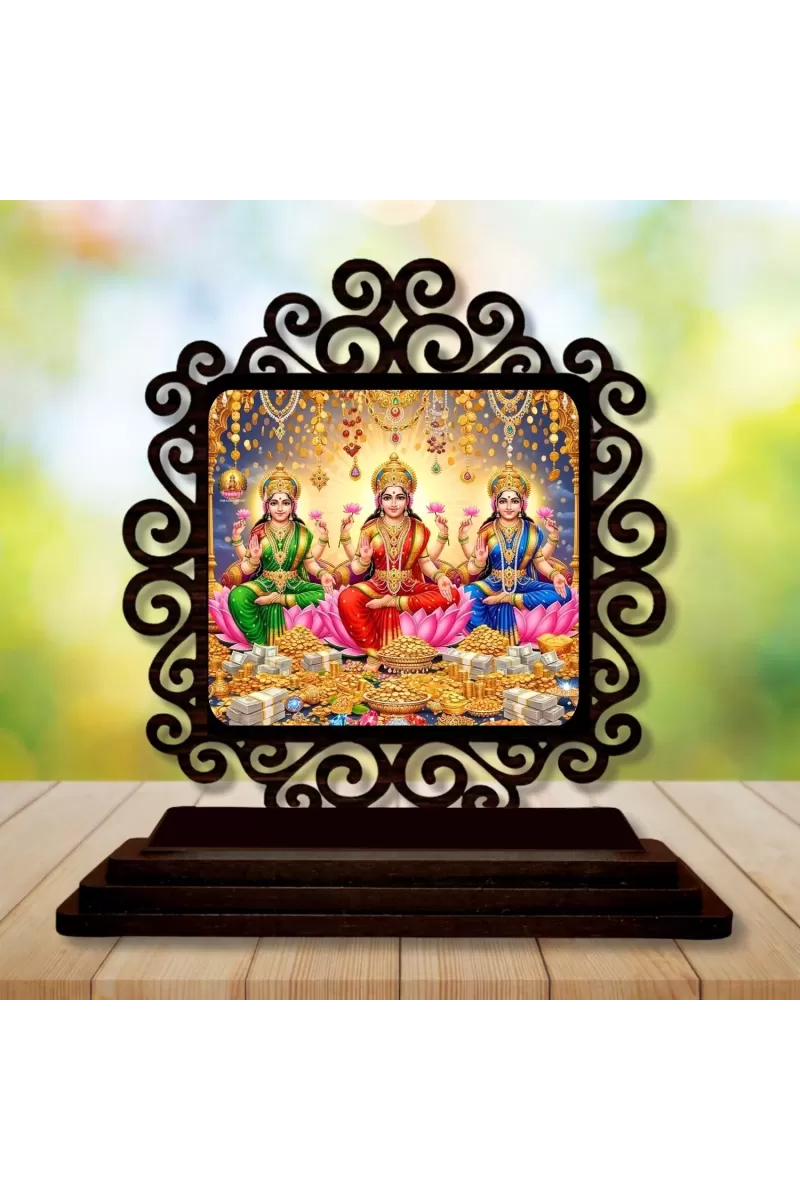 Car Desk/Table Top Goddess Lakshmi Wooden Photo Stand  3x4 Inches, Compact & Stylish Spiritual Display For Car, Home & Office (Pack Of 1) (F19808)