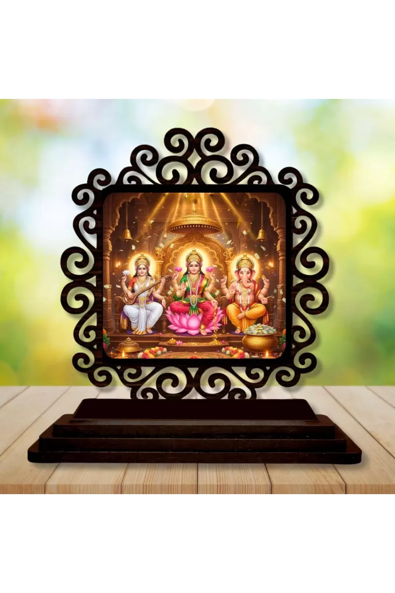 Car Desk/Table Top Goddess Lakshmi Wooden Photo Stand  3x4 Inches, Compact & Stylish Spiritual Display For Car, Home & Office (Pack Of 1) (F19809)