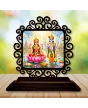 Car Desk/Table Top Lord Vishnu And Lakshmi Wooden Photo Stand  3x4 Inches, Compact & Stylish Spiritual Display For Car, Home & Office (Pack Of 1) (F19810)