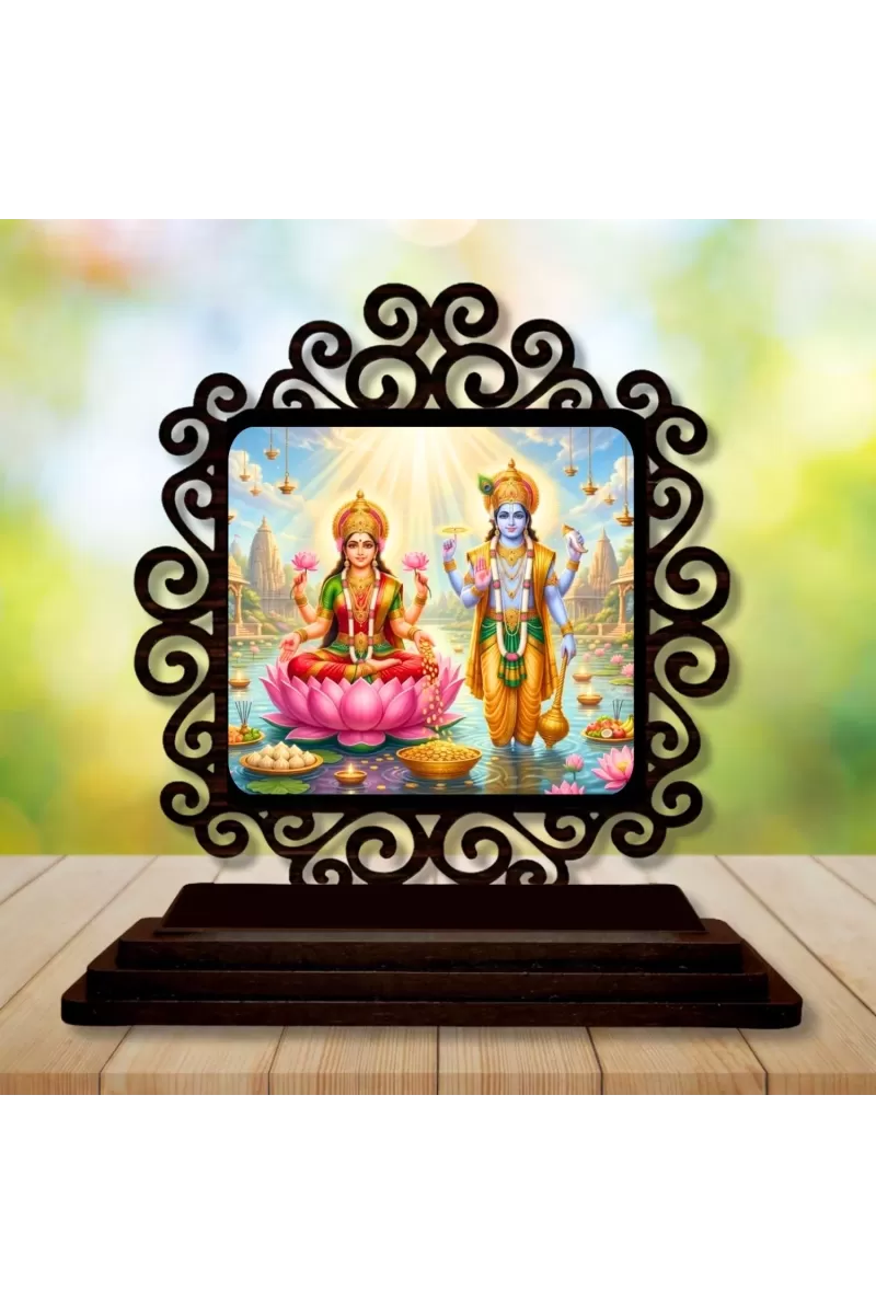 Car Desk/Table Top Lord Vishnu And Lakshmi Wooden Photo Stand  3x4 Inches, Compact & Stylish Spiritual Display For Car, Home & Office (Pack Of 1) (F19810)