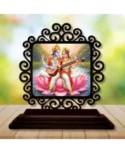 Car Desk/Table Top Lord Vishnu And Saraswathi Wooden Photo Stand  3x4 Inches, Compact & Stylish Spiritual Display For Car, Home & Office (Pack Of 1) (F19811)