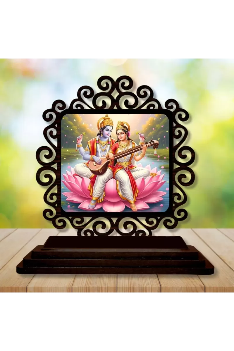 Car Desk/Table Top Lord Vishnu And Saraswathi Wooden Photo Stand  3x4 Inches, Compact & Stylish Spiritual Display For Car, Home & Office (Pack Of 1) (F19811)