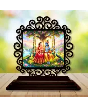 Car Desk/Table Top Radha Krishna Wooden Photo Stand  3x4 Inches, Compact & Stylish Spiritual Display For Car, Home & Office (Pack Of 1) (F19813)